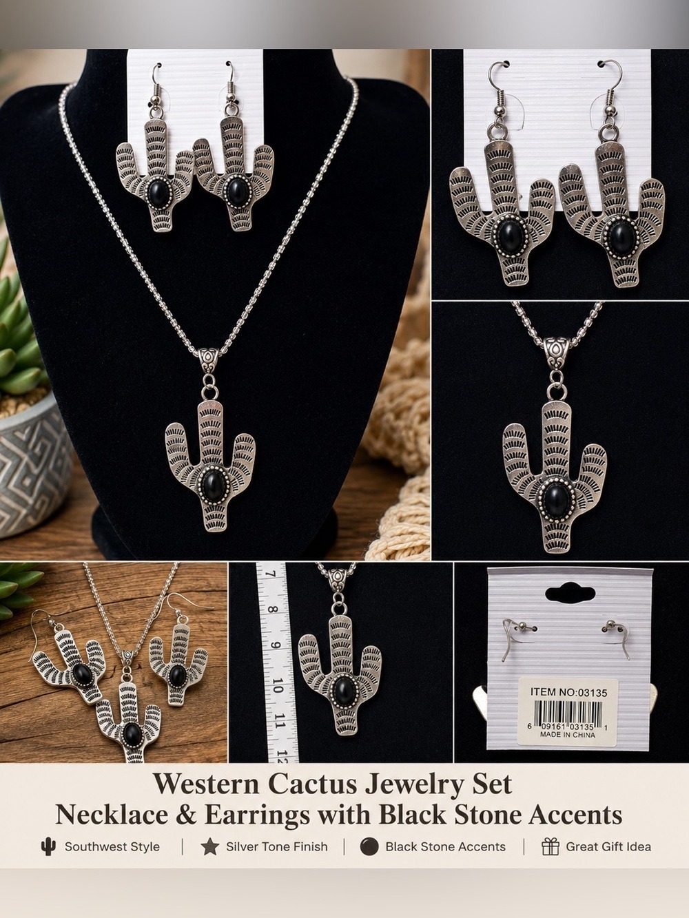 Western Black Cactus Jewelry Set Necklace Earrings Southwest Boho - Picture 1 of 6